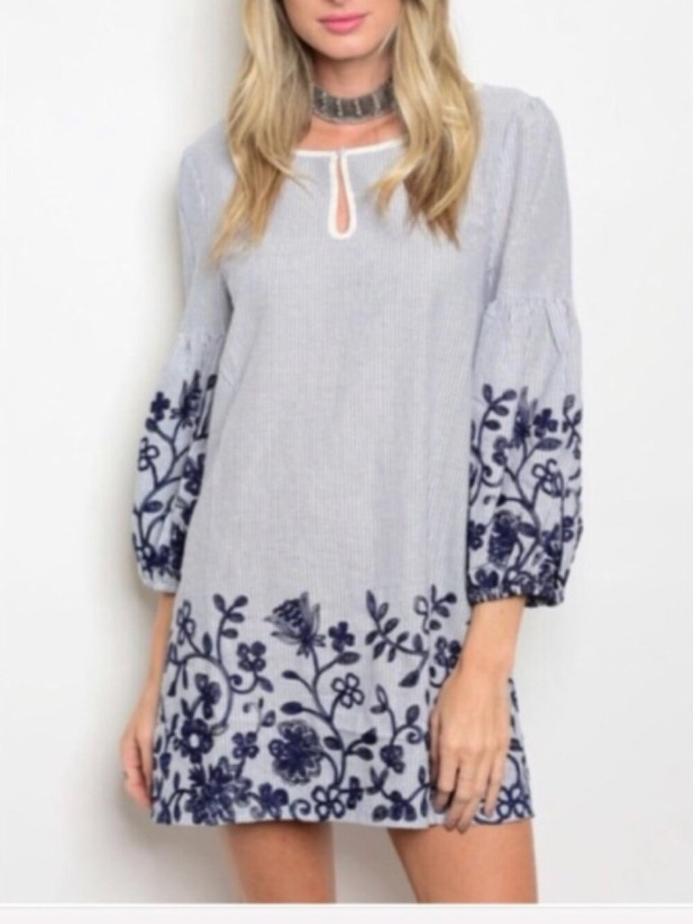 Navy and white embroidered dress. 100% cotton